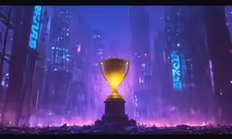 a bright lit trophy on top of a stage