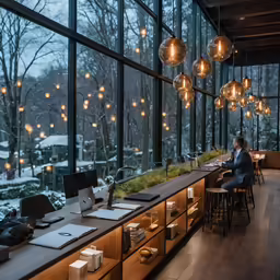 an indoor cafe in the snow with a woman working on her laptop