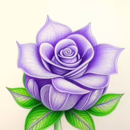 a purple flower with green leaves drawn on paper,a drawing of a rose is shown on a white background,an adult drawing of a large purple rose with leaves,drawing flowers using colored pencils how to draw a purple flower,a colored drawing of a purple rose on a white background