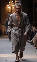 a man with long hair and a beard walks down the runway