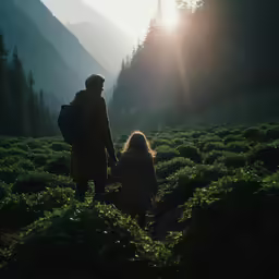 a man and child standing in the middle of some bushes