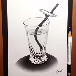 a drawing of an empty glass and a pen