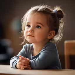 small child with blue eyes sitting at a wooden table