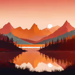 there is an artistic view of a body of water,a mountain landscape with a lake in the foreground and a bright orange sky