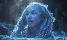 a woman with white hair standing under water