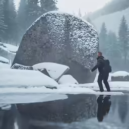 man walking across an ice - covered river in the mountains