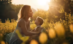 an adult woman holding a child in a field