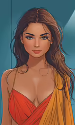 a woman with long brown hair in an orange top