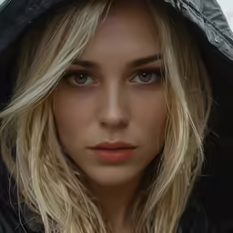 the blonde woman is dressed in black with blue eyes