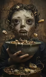 there is a painting of a woman eating food from a bowl