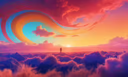 a person is standing alone in the clouds,person standing on top of a mountain above clouds