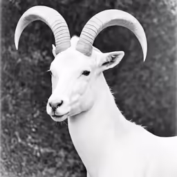 black and white photo of a goat with horns