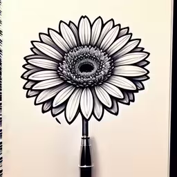 a flower is in the middle of a drawing,the ink art of using pens on paper,the black and white drawing is shown on the wall,a pen drawing a black and white flower,a drawing of a sunflower sitting in front of a white wall