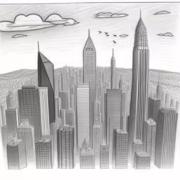 cityscape drawn with black and white ink, with a sky background,pencil drawing of a city with skyscrapers