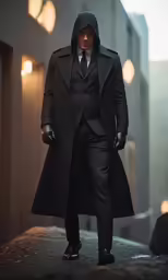 a man in black and coat, wearing black shoes, walking down a sidewalk