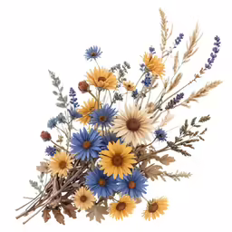 a bouquet of wildflowers and grasses against a white background