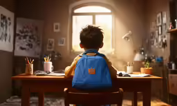 a boy with a backpack sitting at a wooden desk
