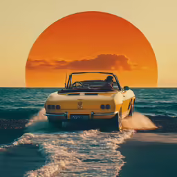 a yellow sports car with a red sun in the background