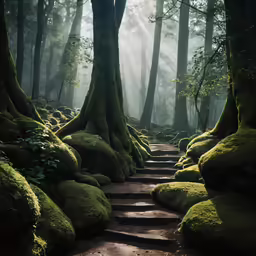 a pathway through a misty, green forest