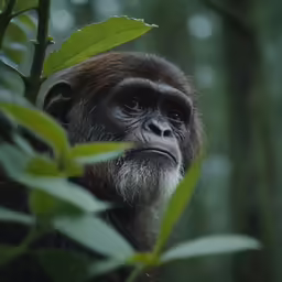 a monkey stares into the distance through some leaves
