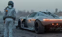 a car with lights turned on, on dirt ground