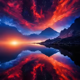 the reflection of the clouds and stars in the water is very bright