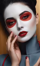 woman with red makeup and make - up posing for photo