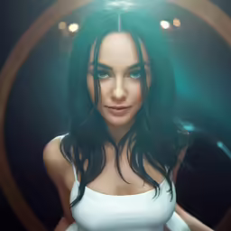 a young woman with black hair posing in a white shirt
