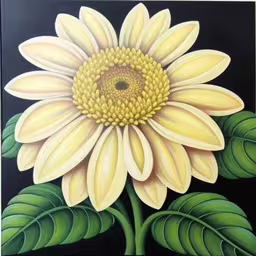 an oil painting of a yellow sunflower with green leaves,a painting of a yellow flower with leaves