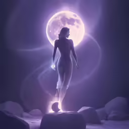 the fantasy woman is in front of a full moon