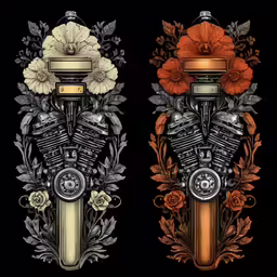 two machines and flowers in different colors