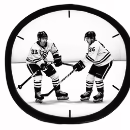 two people standing on hockey rinks in a clock