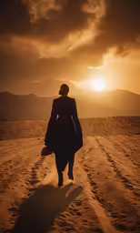 the person in black is walking up the dirt road