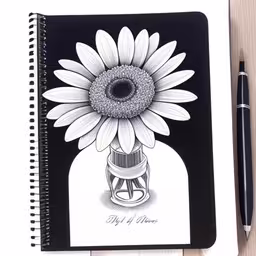 a sketch of a sunflower is shown with a pen,a pen sitting on top of a spiral notebook