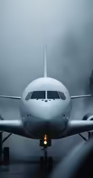 an airplane on the runway with a foggy sky behind it
