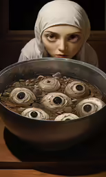 a woman with a head scarf and a pan of doughnuts