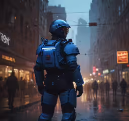 a man in a helmet stands in a city street,a man in a suit and helmet standing on a street corner