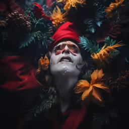 an image of a woman floating between flowers