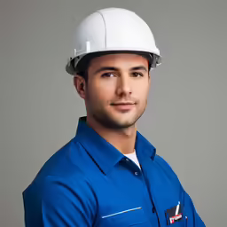 a man wearing a hard hat in front of a gray background
