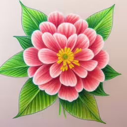 flower with green leaves on the center and pink petals,a colorful flower is featured in this picture,colorful painted flower on white paper against a brown wall,drawing of flower on wall with large green leaves,drawing of a pink flower with green leaves