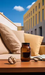 a table with a jar and a nut sitting on it