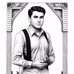 a black and white drawing of a man in an arch