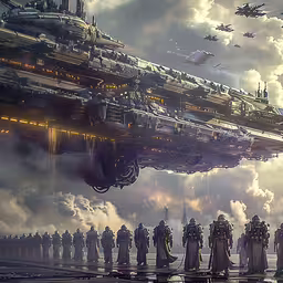 a futuristic building that has multiple levels and many buildings around it,several futuristic looking ships floating on top of a body of water