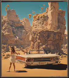 a woman in white holding her surfboard walking towards a classic car in the desert,the woman is holding a surfboard near a car in the desert