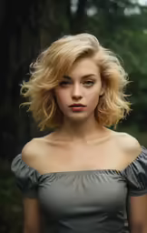 a blonde haired woman with green eyes and hair in front of some trees