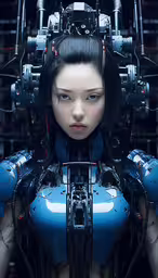the robot woman has long black hair and blue face,a female robot lady standing in front of a machine