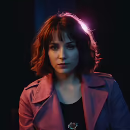 a woman standing in front of a dark background wearing a purple jacket