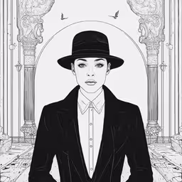 the man wearing a black hat is posing in a suit and tie,a man in a hat is standing next to a pillars