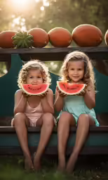 two little girls that are sitting down eating a watermelon