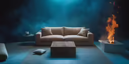 a living room with blue smoke pouring from the wall